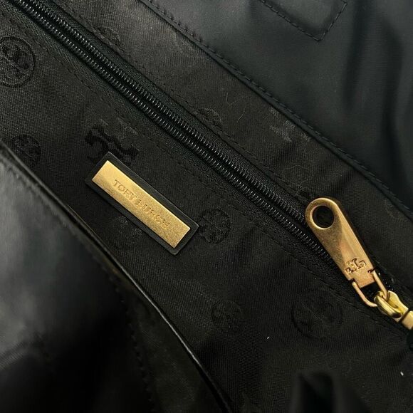 Tory Burch Large Tote Bag Black Ella Nylon Patent Leather Trim Handbag Logo - Picture 4 of 12